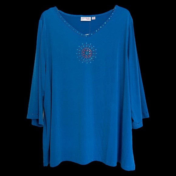 NWT Quacker Factory Dream Knit Blue Rhinestone Tunic Blouse Plus Size 2X Slinky - Picture 1 of 9